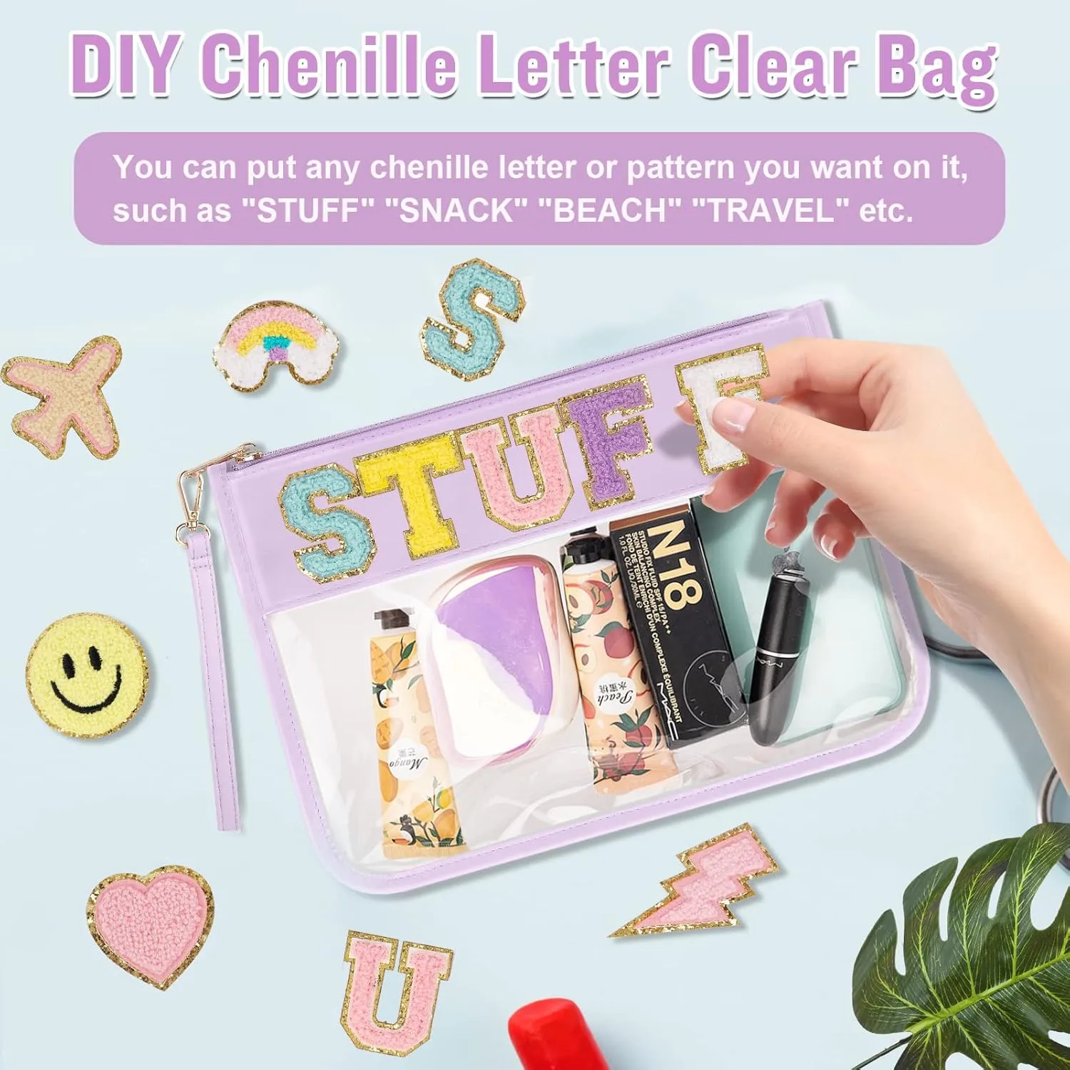 IzuztA PVC Flat Pouch Travel Makeup Bag with Wristlet, DIY Chenille Letter Bag Waterproof Portable Clear Travel Toiletry Cosmetic Pouch for Women Girls (Purple)