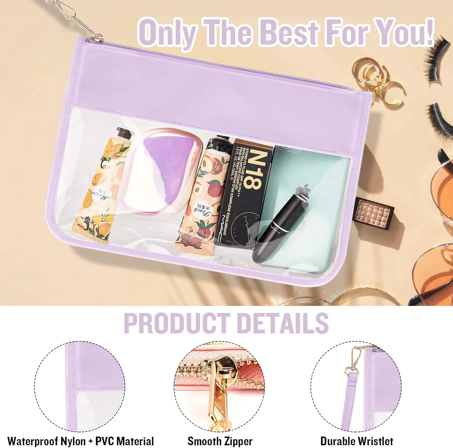IzuztA PVC Flat Pouch Travel Makeup Bag with Wristlet, DIY Chenille Letter Bag Waterproof Portable Clear Travel Toiletry Cosmetic Pouch for Women Girls (Purple)