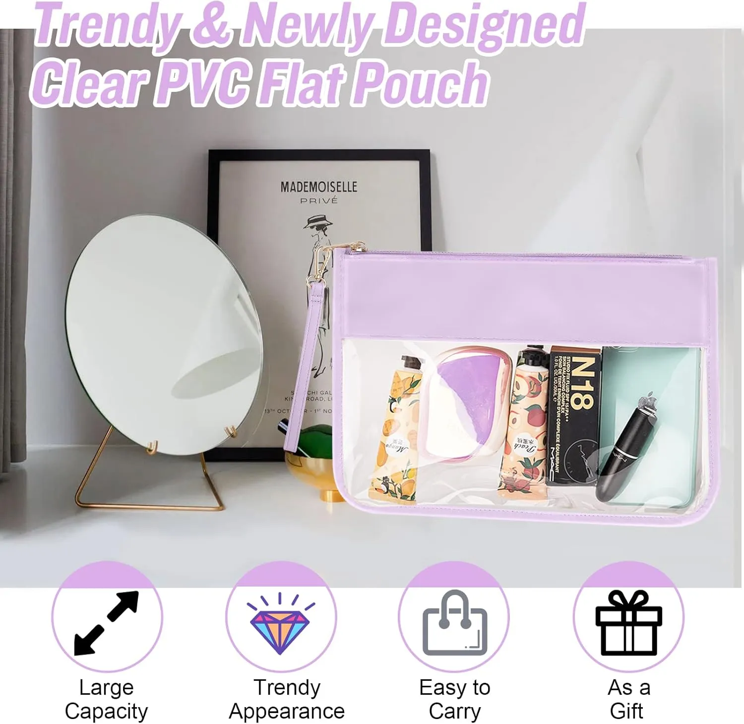 IzuztA PVC Flat Pouch Travel Makeup Bag with Wristlet, DIY Chenille Letter Bag Waterproof Portable Clear Travel Toiletry Cosmetic Pouch for Women Girls (Purple)