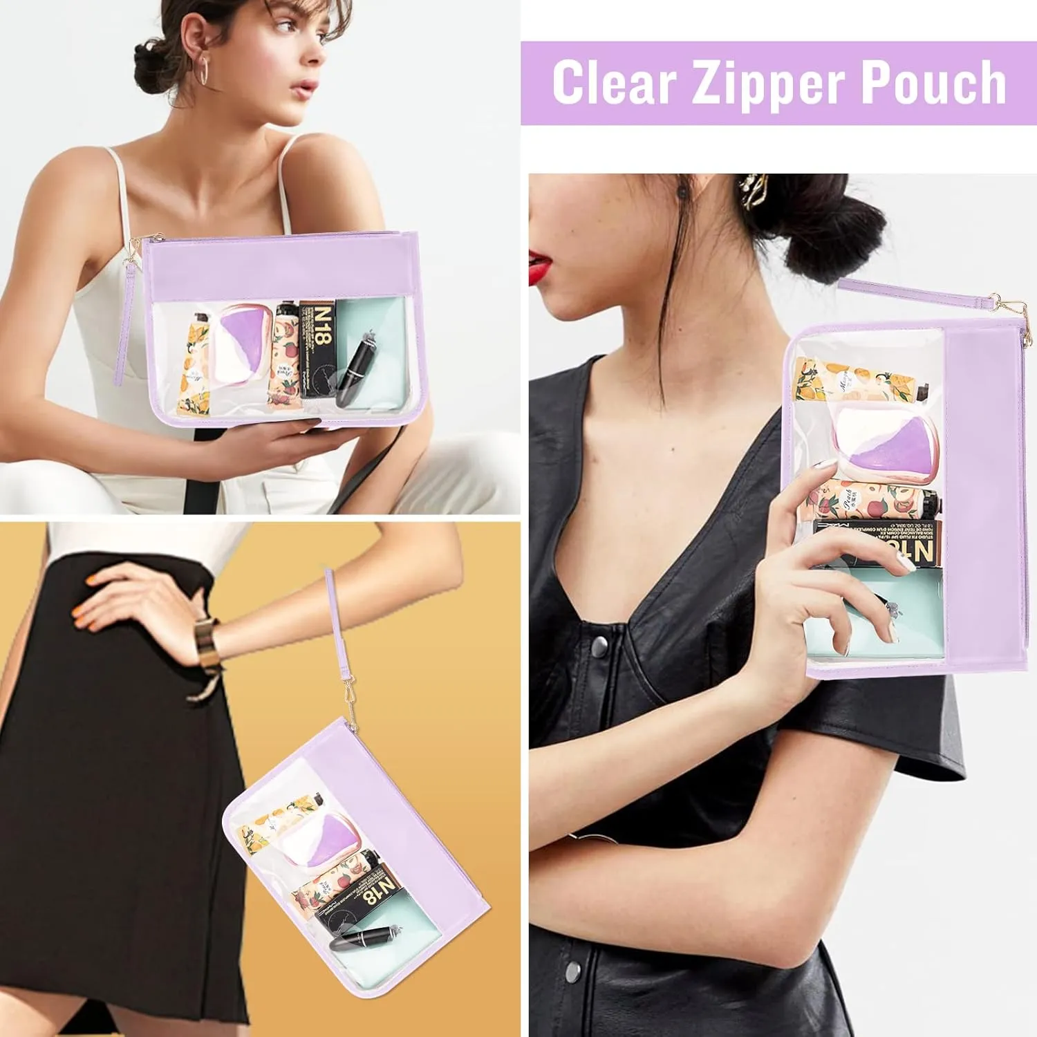 IzuztA PVC Flat Pouch Travel Makeup Bag with Wristlet, DIY Chenille Letter Bag Waterproof Portable Clear Travel Toiletry Cosmetic Pouch for Women Girls (Purple)