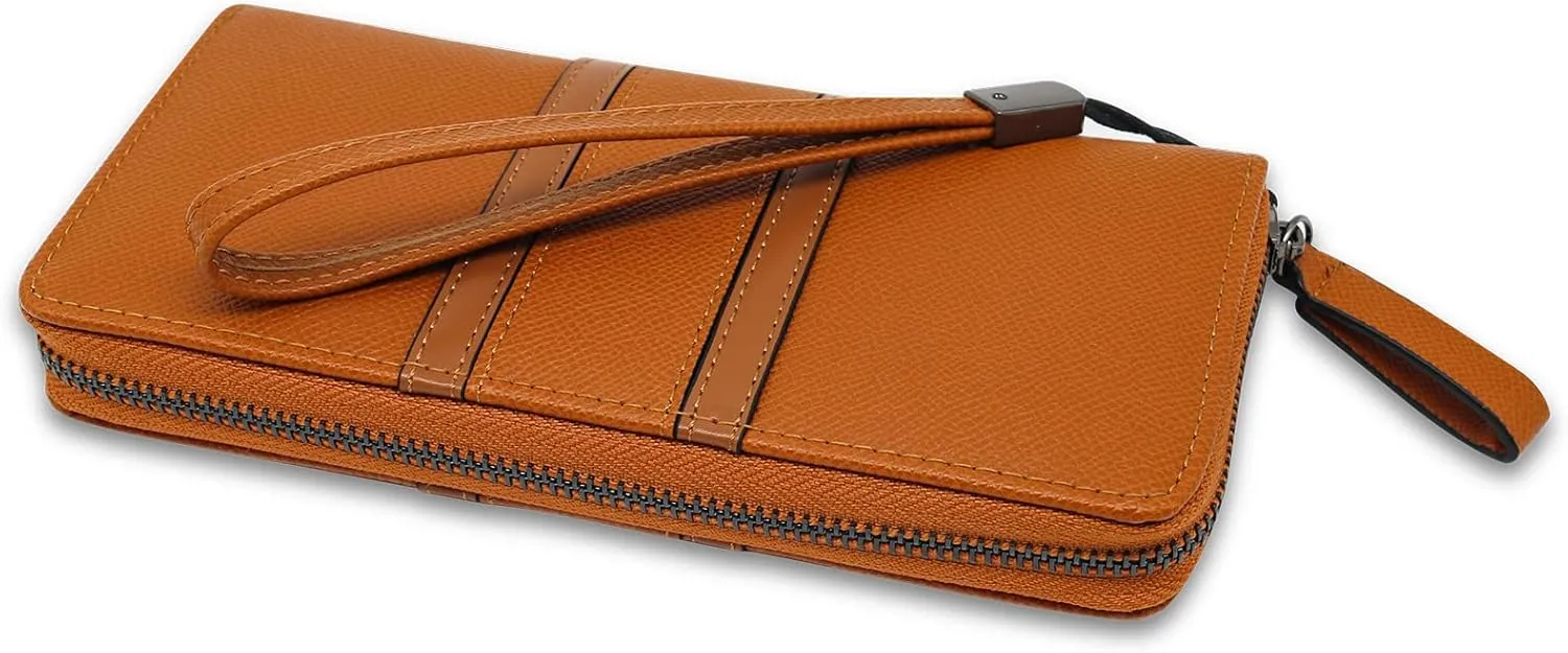 Large Capacity Wristlet Wallets for Women Zipper Wallets for Women Long Checkbook Clutch Ladies Wallets Vegan Leather with Wrist Strap (Brown)