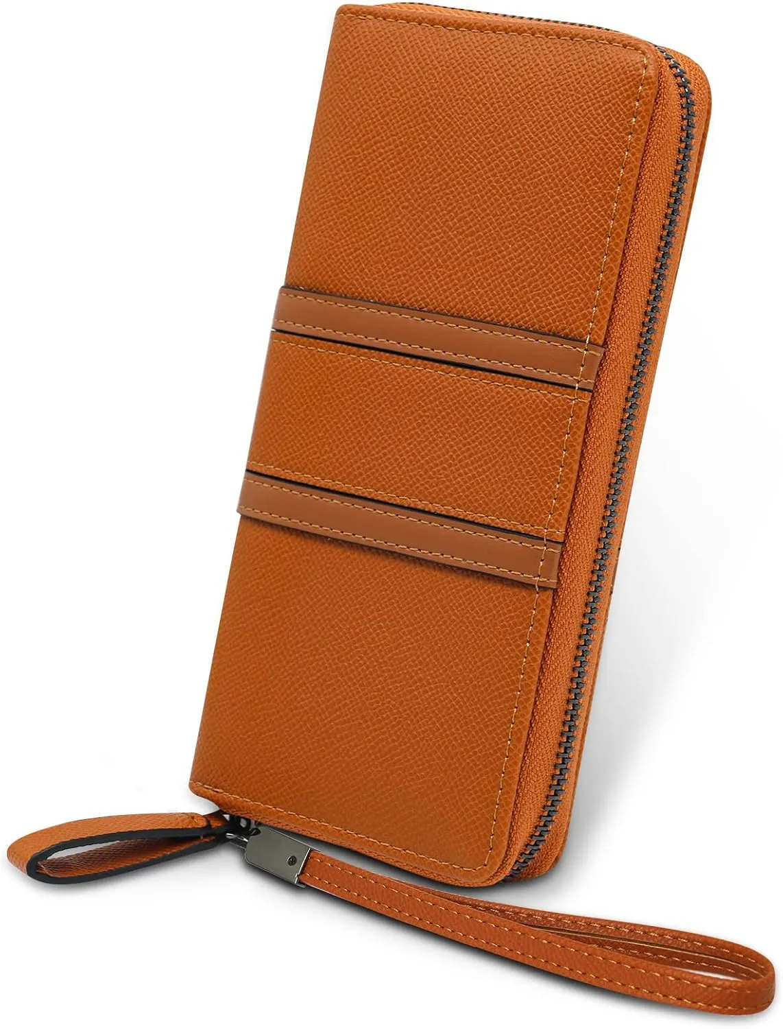 Large Capacity Wristlet Wallets for Women Zipper Wallets for Women Long Checkbook Clutch Ladies Wallets Vegan Leather with Wrist Strap (Brown)