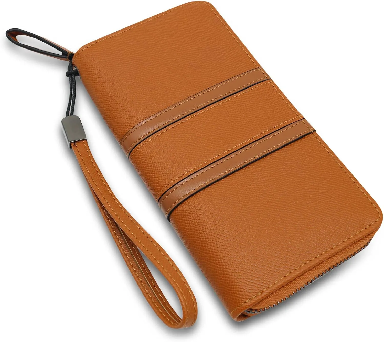Large Capacity Wristlet Wallets for Women Zipper Wallets for Women Long Checkbook Clutch Ladies Wallets Vegan Leather with Wrist Strap (Brown)