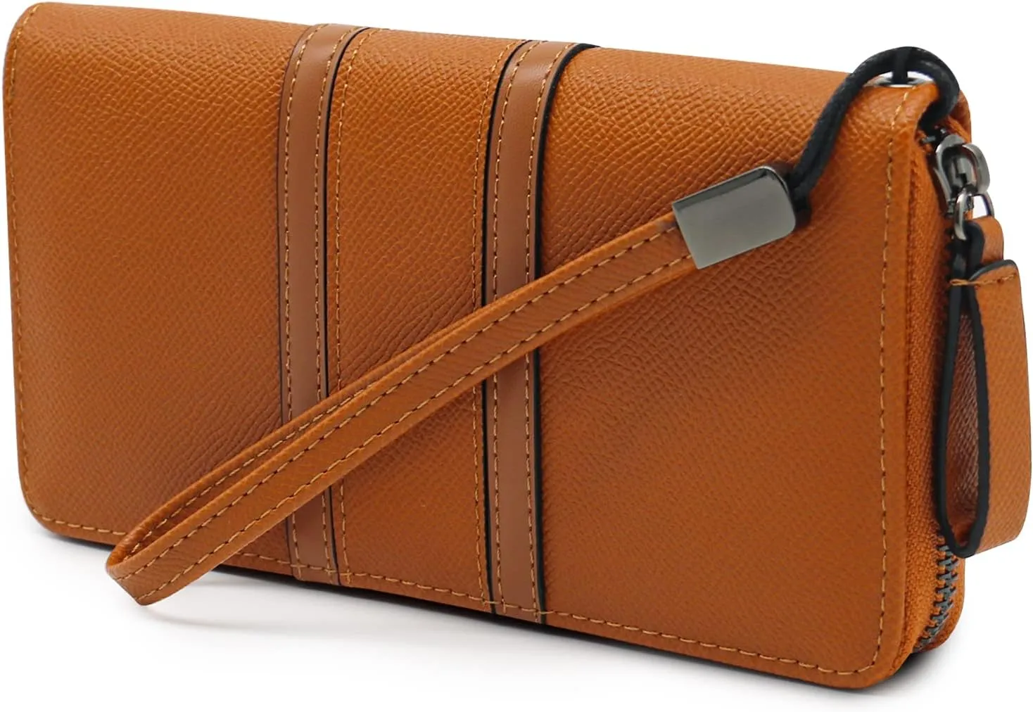 Large Capacity Wristlet Wallets for Women Zipper Wallets for Women Long Checkbook Clutch Ladies Wallets Vegan Leather with Wrist Strap (Brown)