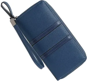 Large Capacity Wristlet Wallets for Women Zipper Wallets for Women Long Checkbook Clutch Ladies Wallets Vegan Leather with Wrist Strap (Dark Blue)