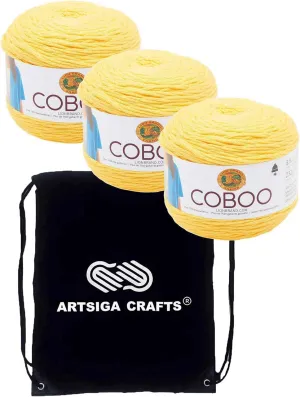 Lion Brand Coboo Yellow 835-157 (3-Skeins - Same Dye Lot) DK Light Worsted #3 Cotton, Bamboo Yarn for Crocheting and Knitting with Project Bag