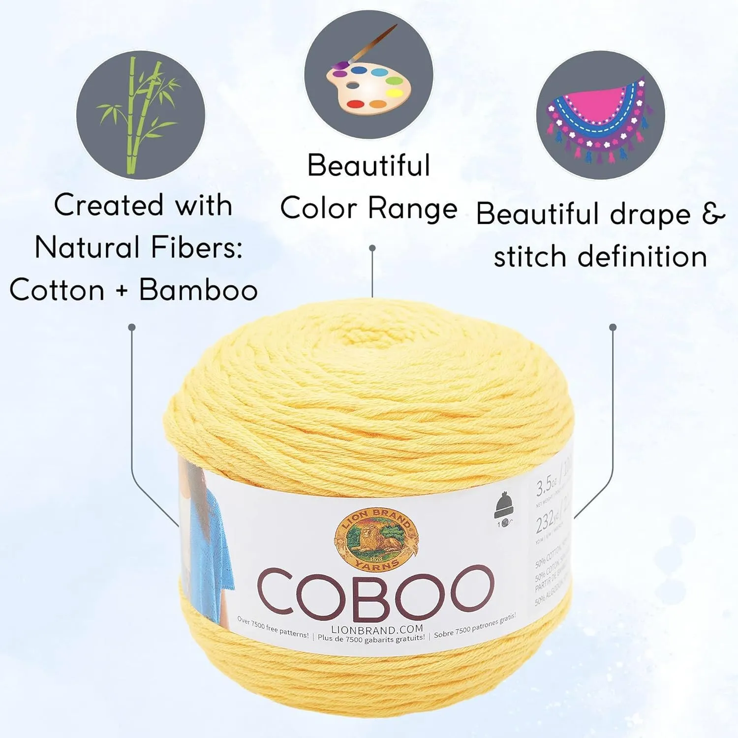 Lion Brand Coboo Yellow 835-157 (3-Skeins - Same Dye Lot) DK Light Worsted #3 Cotton, Bamboo Yarn for Crocheting and Knitting with Project Bag