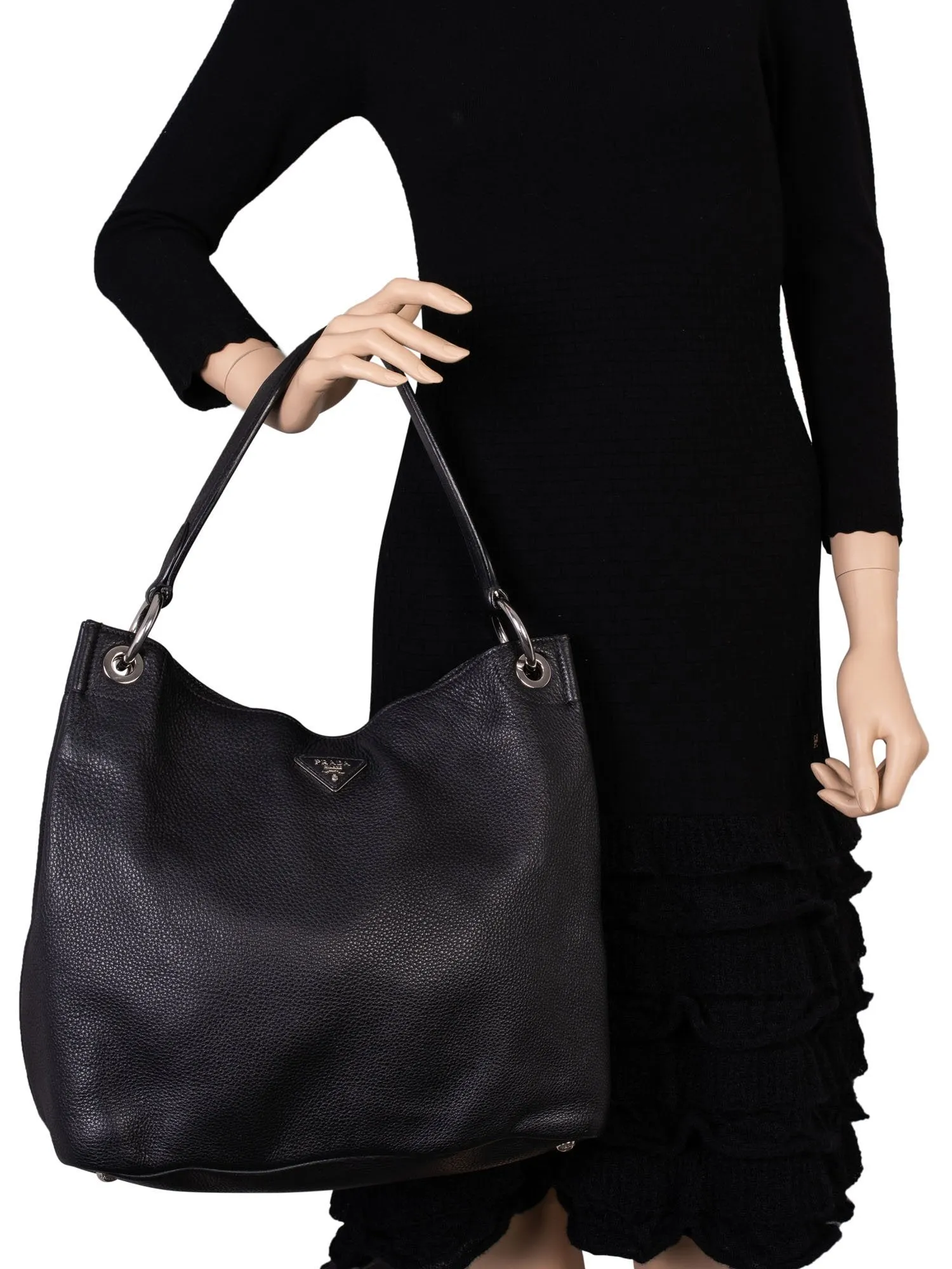 Prada Pebble Leather Hobo Bag Black