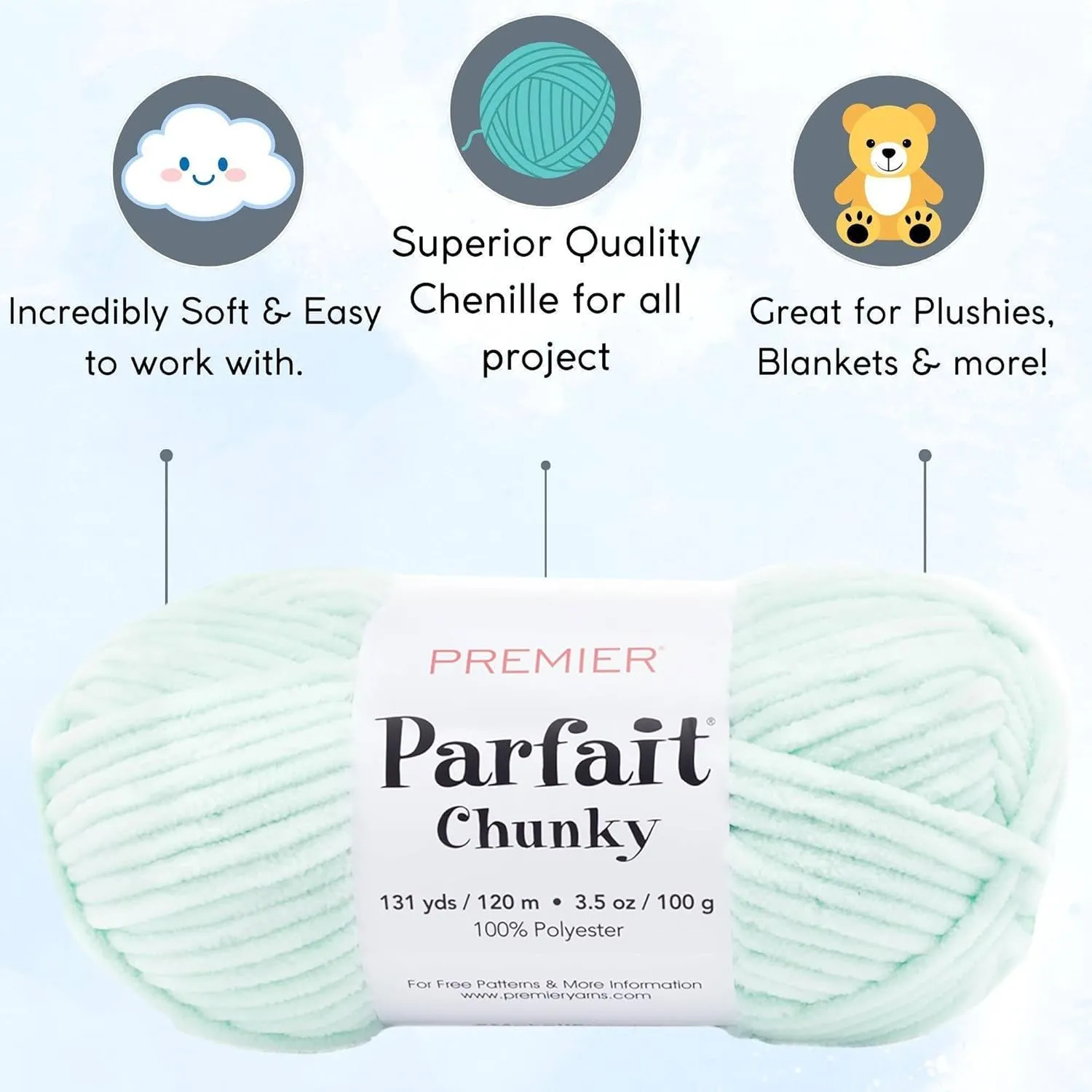 Premier Yarns Parfait Chunky Mint 1150-06 (3-Skeins - Same Dye Lot) Weight S Bulky #6 Polyester Yarn for Crocheting and Knitting with Project Bag