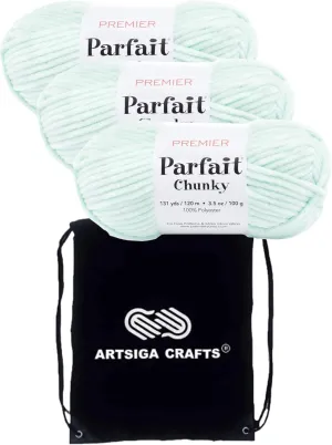Premier Yarns Parfait Chunky Mint 1150-06 (3-Skeins - Same Dye Lot) Weight S Bulky #6 Polyester Yarn for Crocheting and Knitting with Project Bag