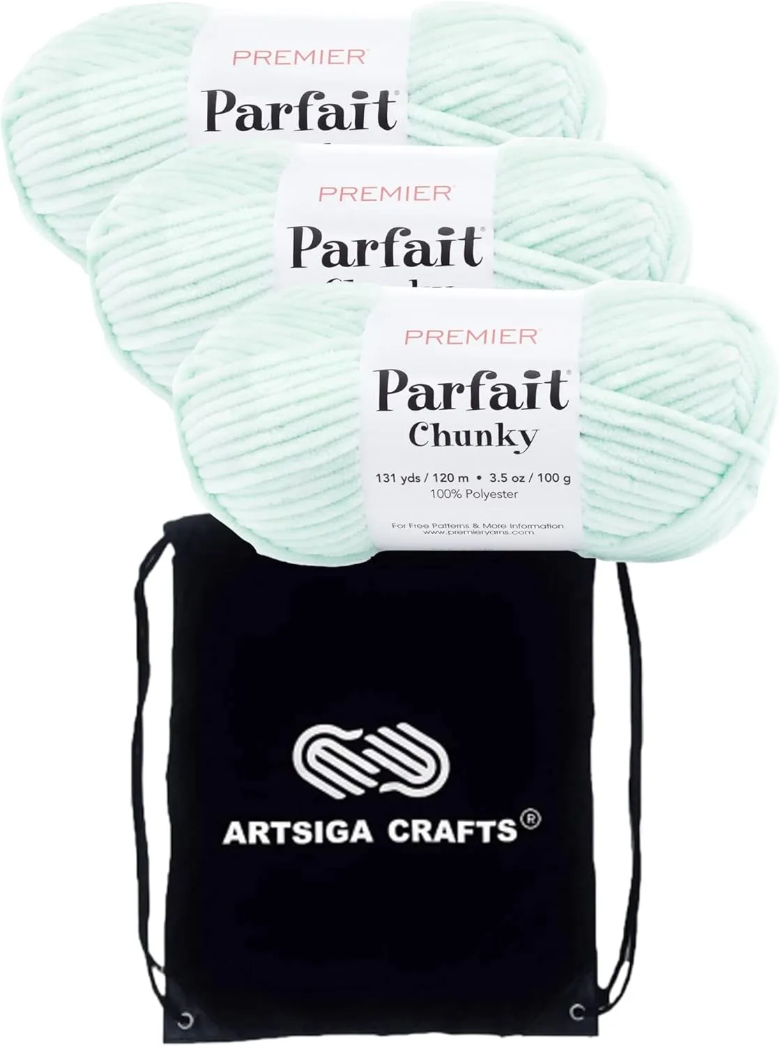 Premier Yarns Parfait Chunky Mint 1150-06 (3-Skeins - Same Dye Lot) Weight S Bulky #6 Polyester Yarn for Crocheting and Knitting with Project Bag