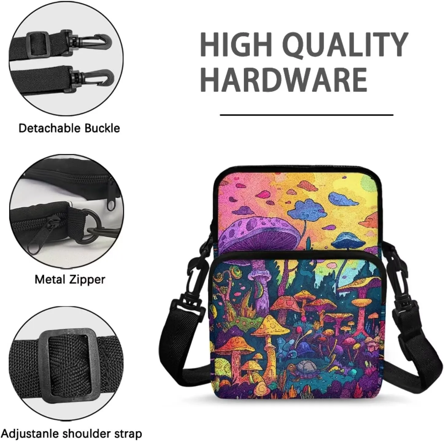 Purple Yellow Cartoon Mushroom Turtle Print Toddlers Girls Crossbody Shoulder Bag, Mini Messenger Bags Travel Satchel Bag Backpack Phone Purses for Women Men College