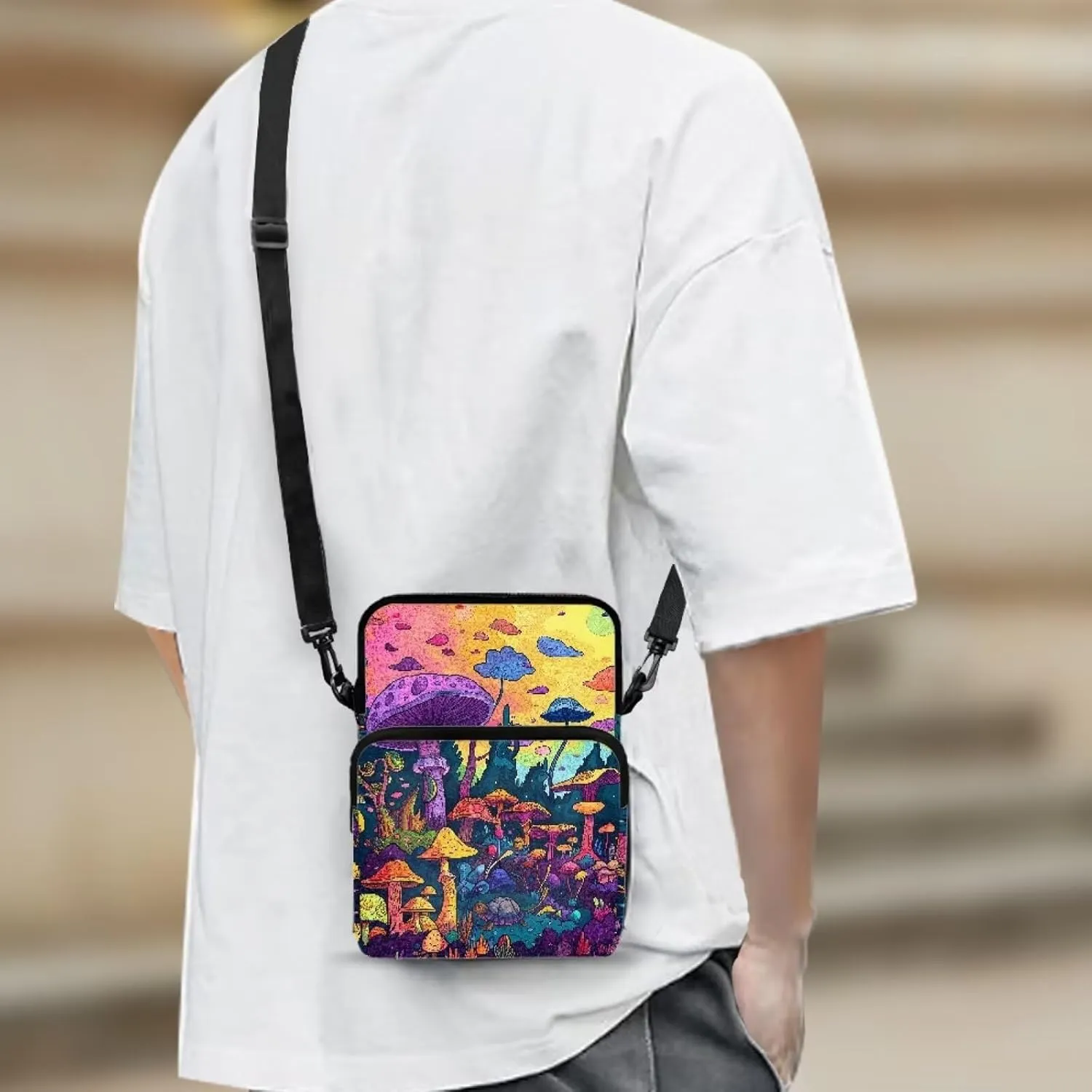Purple Yellow Cartoon Mushroom Turtle Print Toddlers Girls Crossbody Shoulder Bag, Mini Messenger Bags Travel Satchel Bag Backpack Phone Purses for Women Men College