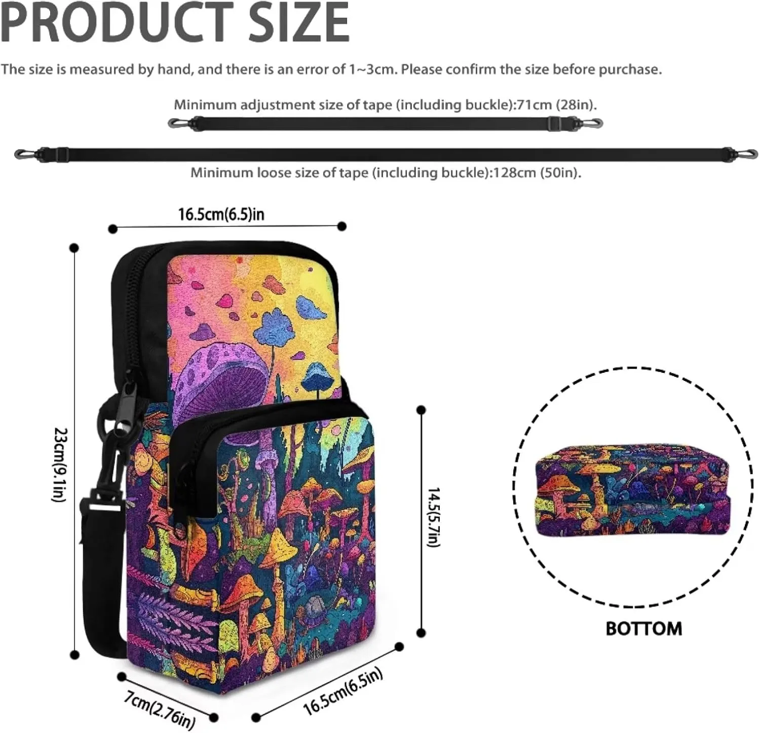 Purple Yellow Cartoon Mushroom Turtle Print Toddlers Girls Crossbody Shoulder Bag, Mini Messenger Bags Travel Satchel Bag Backpack Phone Purses for Women Men College