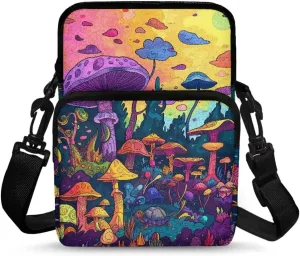 Purple Yellow Cartoon Mushroom Turtle Print Toddlers Girls Crossbody Shoulder Bag, Mini Messenger Bags Travel Satchel Bag Backpack Phone Purses for Women Men College