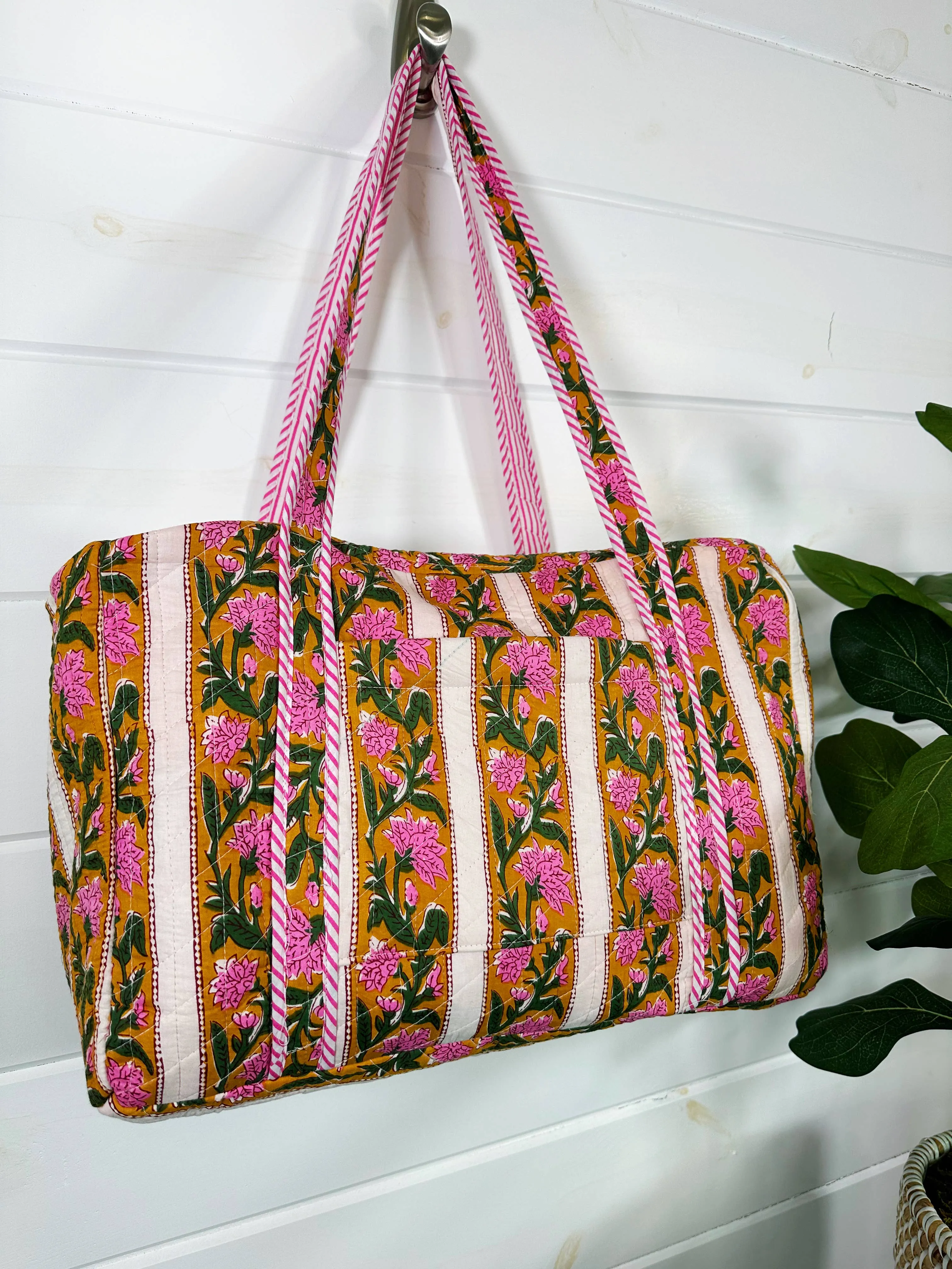 Quilted Weekender Overnight Travel Tote Bag - Gold Floral