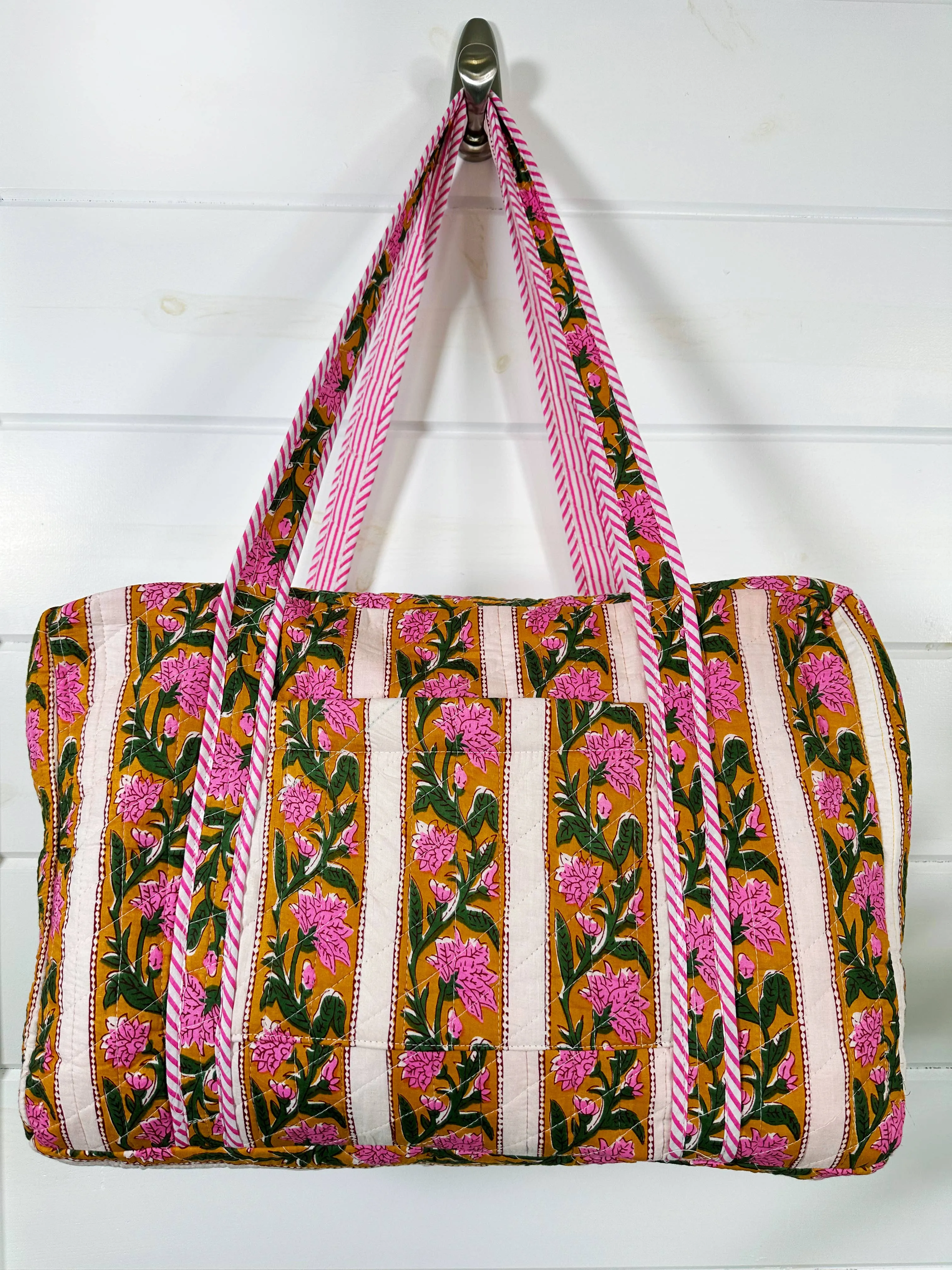 Quilted Weekender Overnight Travel Tote Bag - Gold Floral
