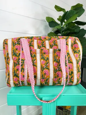 Quilted Weekender Overnight Travel Tote Bag - Gold Floral