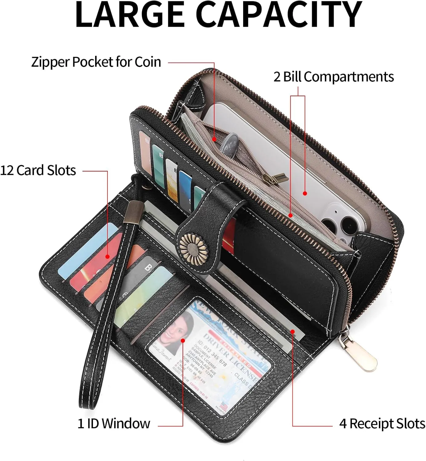 SENDEFN Wallet for Women RFID Blocking Leather Clutch Long Purse Large Capacity Credit Card Holder Wristlet