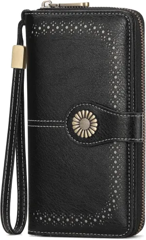 SENDEFN Wallet for Women RFID Blocking Leather Clutch Long Purse Large Capacity Credit Card Holder Wristlet