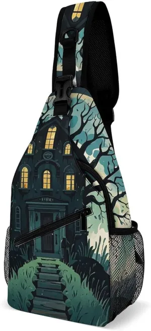 Sling Bag for Women Men Crossbody Bag The Spooky Haunted House Tree Chest Bag Sling Backpack Fanny Pack Casual Daypack for Travel