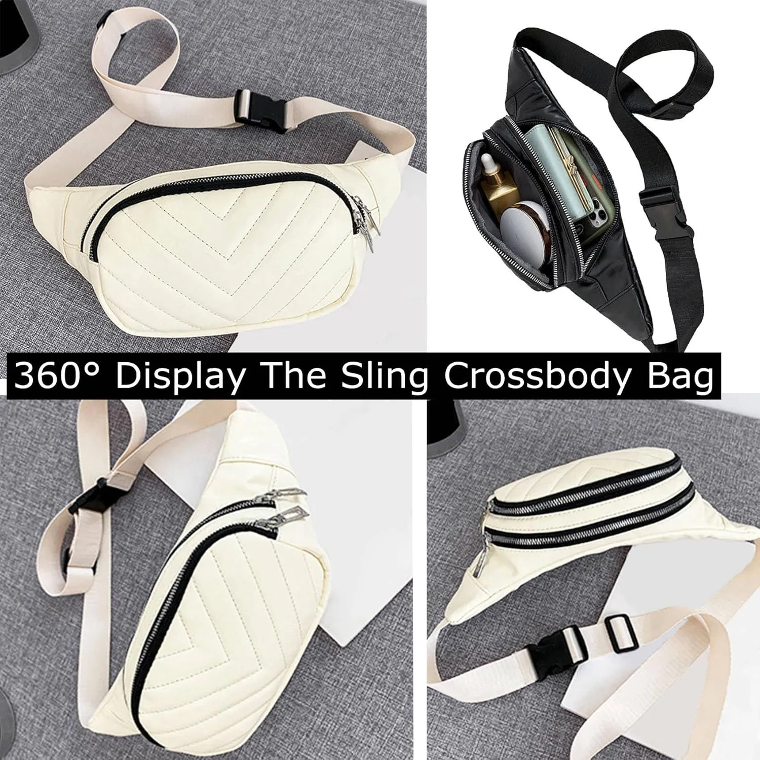 Small Belt Bags For Women,Sling Crossbody Fanny Pack,Cross Body Bag Purse For Trave,PU Leather,Gray Champagne, Beige