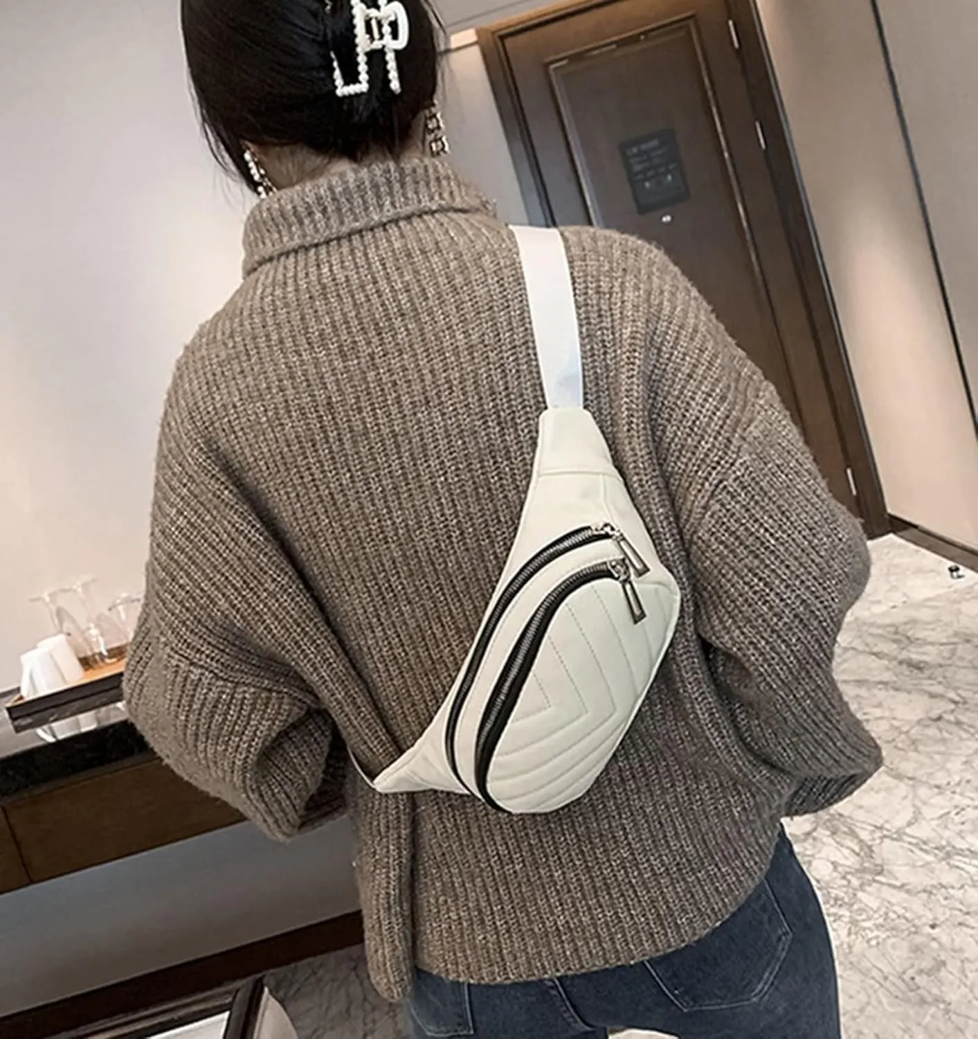 Small Belt Bags For Women,Sling Crossbody Fanny Pack,Cross Body Bag Purse For Trave,PU Leather,Gray Champagne, Beige