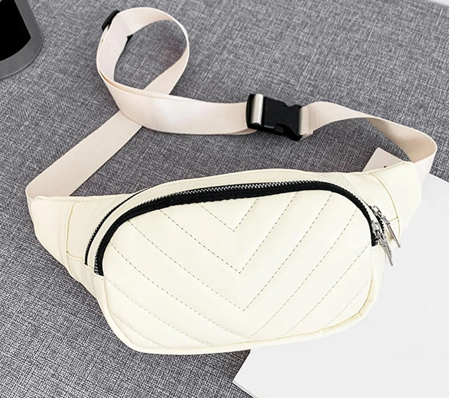 Small Belt Bags For Women,Sling Crossbody Fanny Pack,Cross Body Bag Purse For Trave,PU Leather,Gray Champagne, Beige