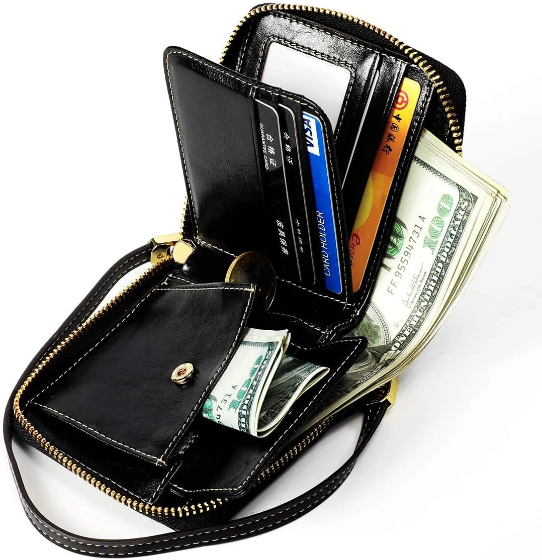 Small Womens Wallet, RFID Blocking Genuine Leather Purse Zip Around Credit Card Holder Purse Clutch Wallet with Wristlet (Black)