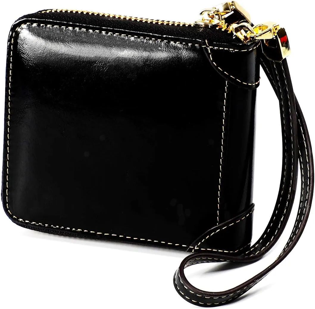 Small Womens Wallet, RFID Blocking Genuine Leather Purse Zip Around Credit Card Holder Purse Clutch Wallet with Wristlet (Black)