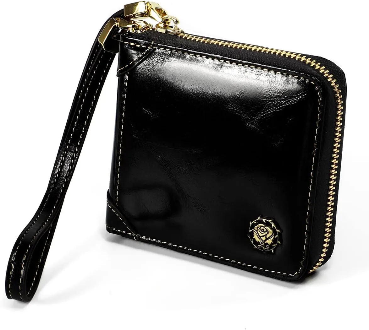 Small Womens Wallet, RFID Blocking Genuine Leather Purse Zip Around Credit Card Holder Purse Clutch Wallet with Wristlet (Black)