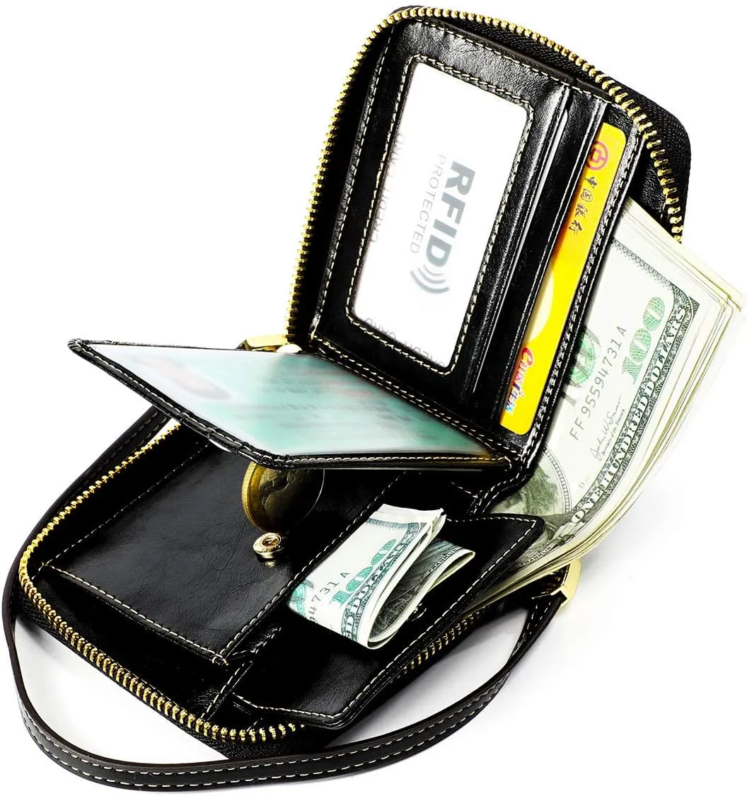 Small Womens Wallet, RFID Blocking Genuine Leather Purse Zip Around Credit Card Holder Purse Clutch Wallet with Wristlet (Black)