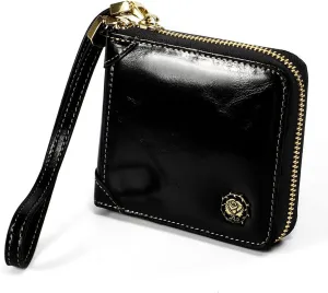 Small Womens Wallet, RFID Blocking Genuine Leather Purse Zip Around Credit Card Holder Purse Clutch Wallet with Wristlet (Black)