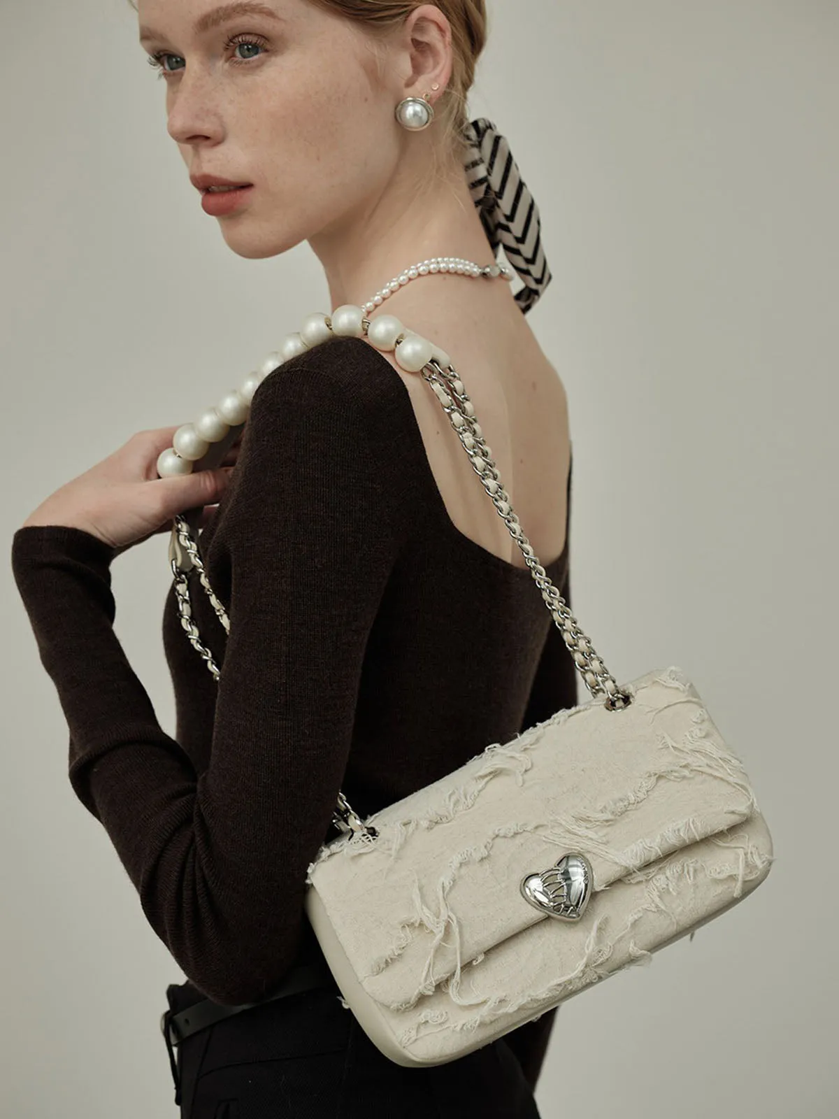 Smting | pearl chain heart lock purse