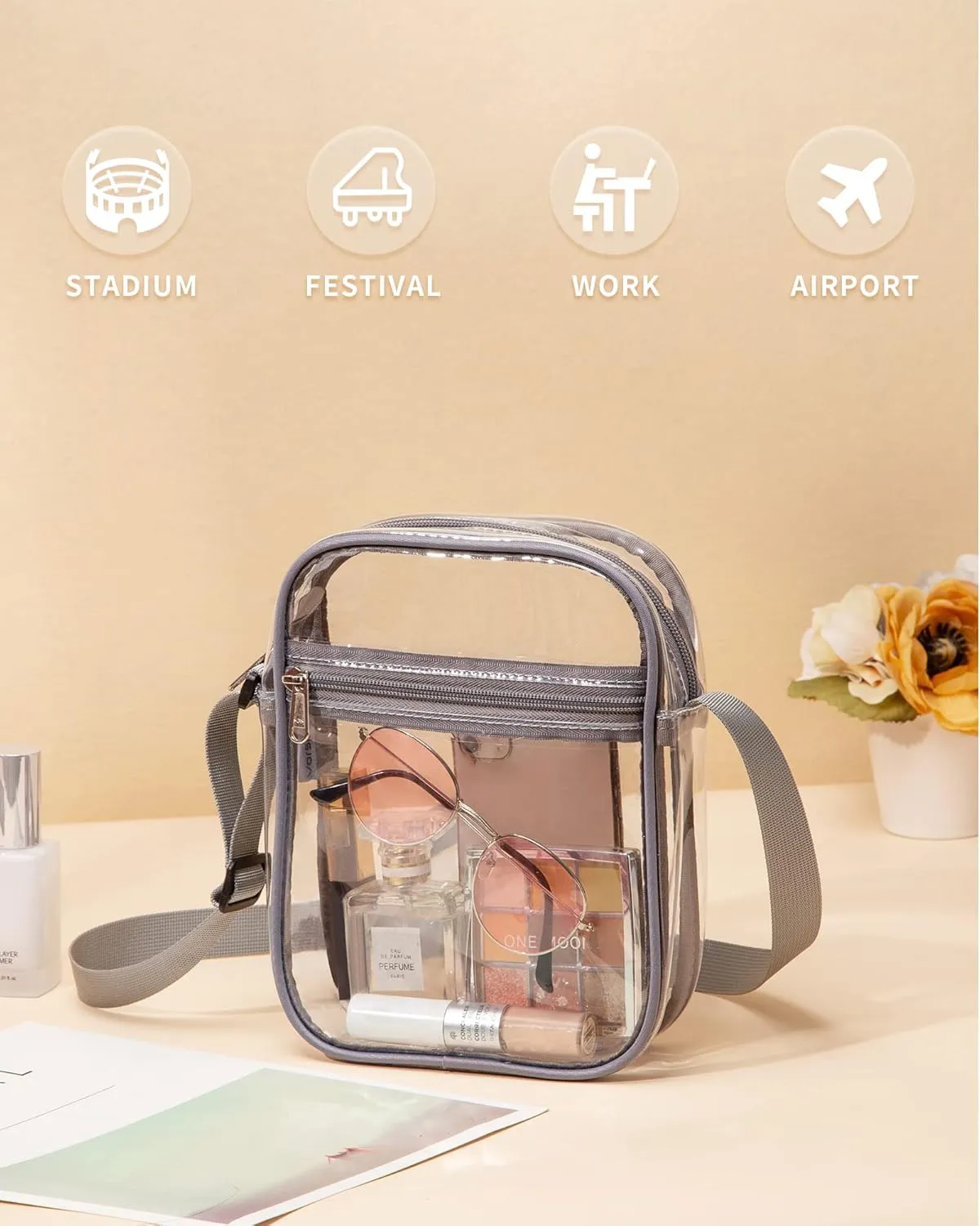 Vorspack Stadium Approved PVC Purse - Clear Crossbody Bag with Front Pocket for Concerts, Sports, Festivals
