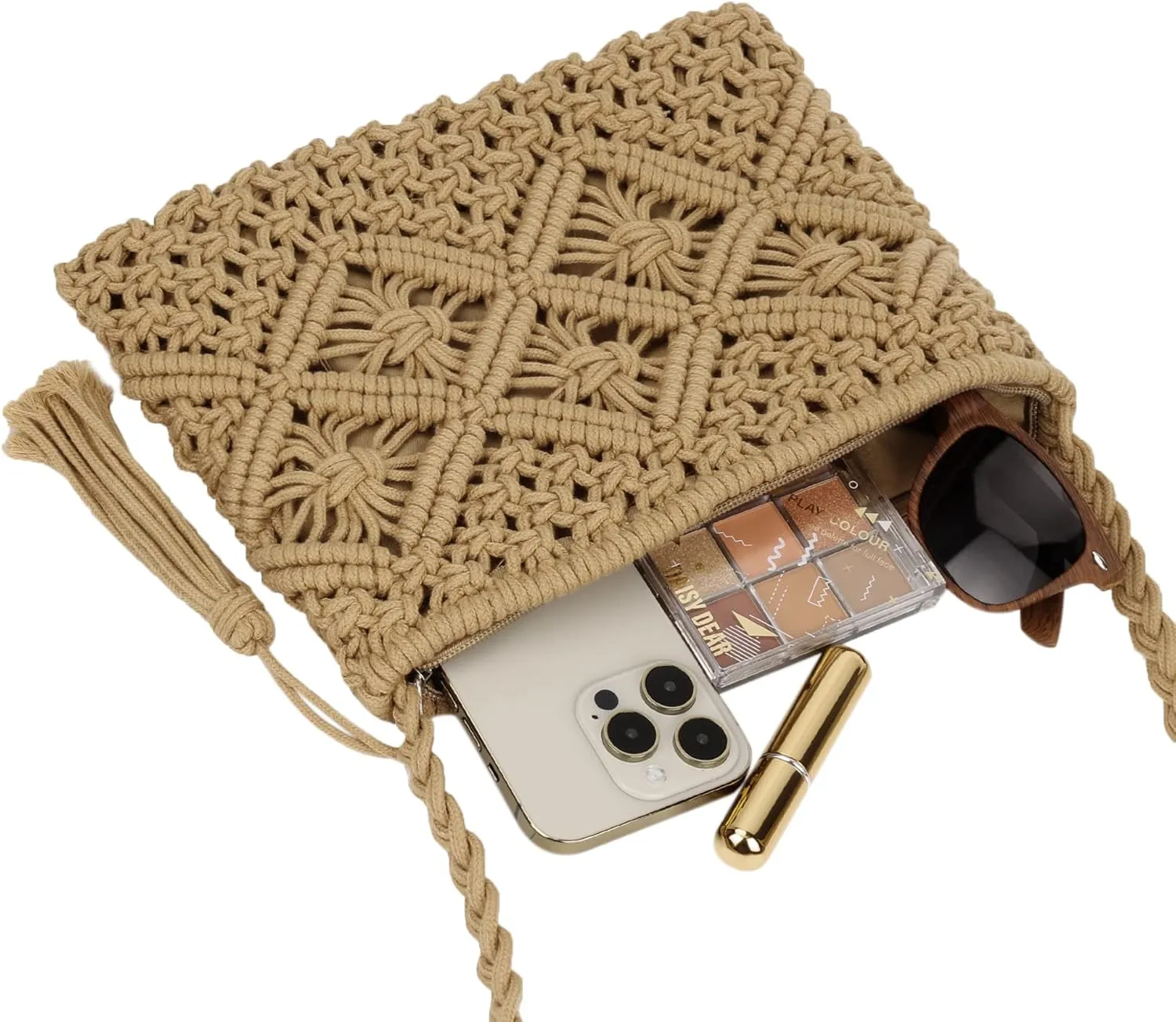 Women Crochet Shoulder Bag Handmade Woven Beach Crossbody Handbag Satchel Purse with Tassel for Summer