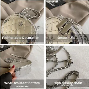 Women's Small Crossbody Bag with Fashion Chain Purse for Summer, Mini Glossy Silver Shoulder Bag-PU Coin Wallet Purse