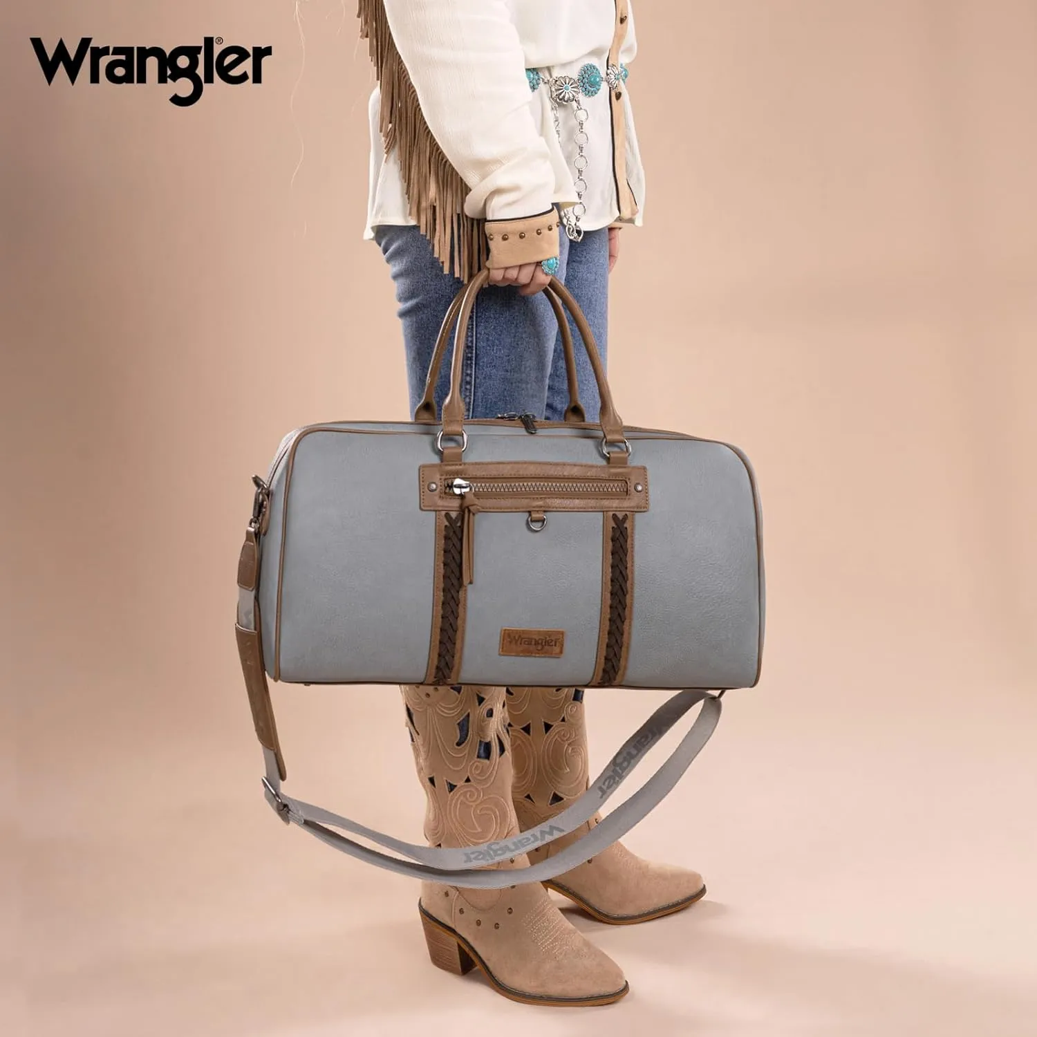 Wrangler Travel Duffel Bag Large Weekender Bag for Women Designer Carry on Overnight Bag for Trips Leather Luggage Bag Jean
