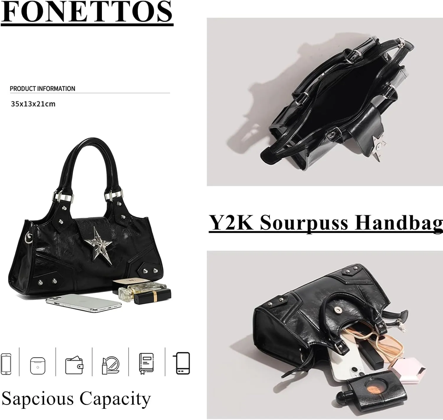 Y2K Punk Bag Girls, Sourpuss Gothic Tote Handbag Star Purse Cool Style Trendy Women Shoulder Purse Rock Fashion