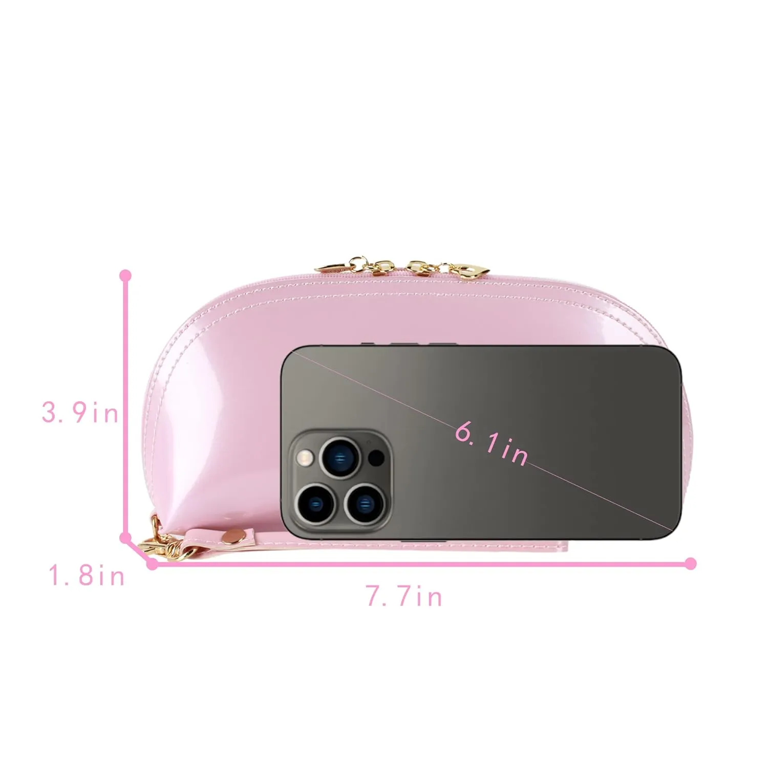 ZLMBAGUS Fashion Cosmetic Bag Patent Leather Makeup Pouch Wristlet Zipper Makeup Case Holder Coin Purse Clutch Pink